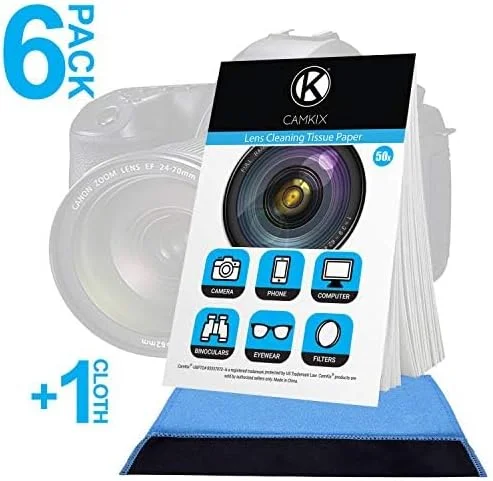 دستمال کاغذی تمیز کننده لنز CAMKIX، 6 بسته / 300 برگ + پارچه دو طرفه برای لنزهای دوربین