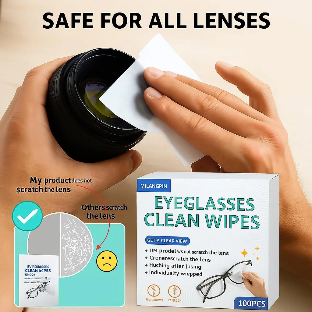 دستمال مرطوب تمیز کننده لنز 15×12 سانتی متر – 100 عدد، دستمال مرطوب بدون الکل و بدون ایجاد لکه برای عینک و صفحه نمایش، دستمال میکروفیبر آنتی استاتیک بسته بندی شده تکی برای عینک، تلفن، لپ تاپ و لنز دوربین