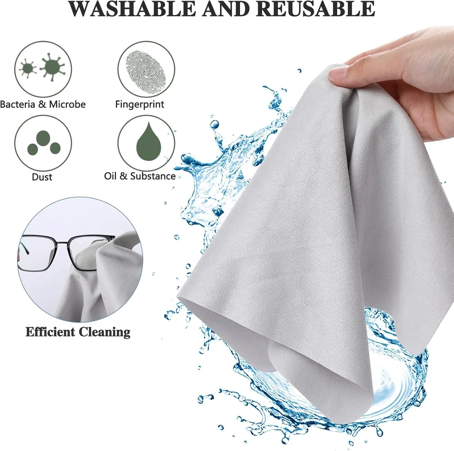 دستمال تنظیف میکروفایبر فوق العاده بزرگ برای عینک - 30 در 30 سانتی متر، تمیز کننده صفحه نمایش عینک و الکترونیکی قابل استفاده مجدد (بسته 5 عددی)