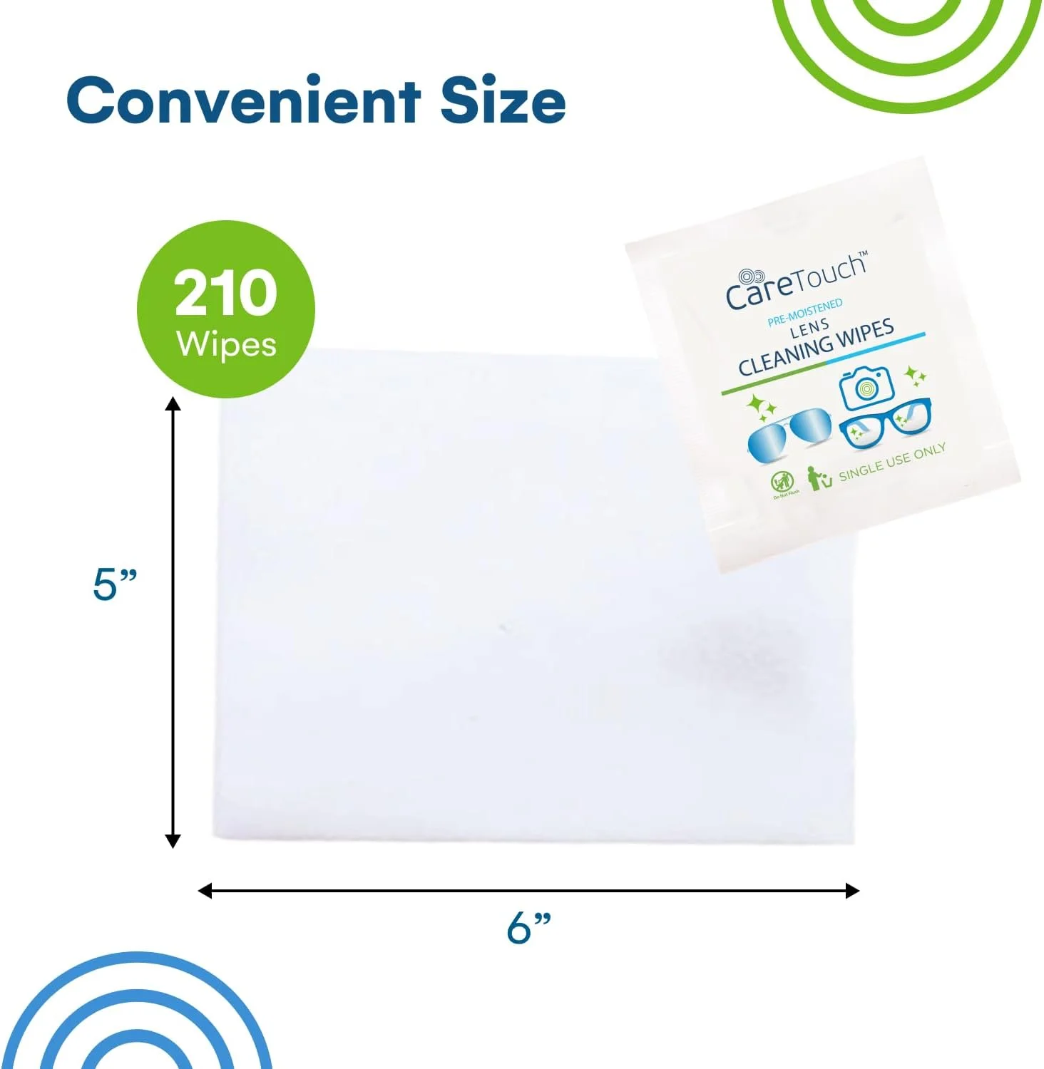 دستمال مرطوب لنز Care Touch برای عینک - 210 عدد دستمال مرطوب از قبل خیس شده، 5x6 اینچ - تمیز کننده برای عینک، عینک آفتابی و صفحه نمایش - ملایم و قابل حمل برای تمیز کردن دستگاه ها در حال حرکت