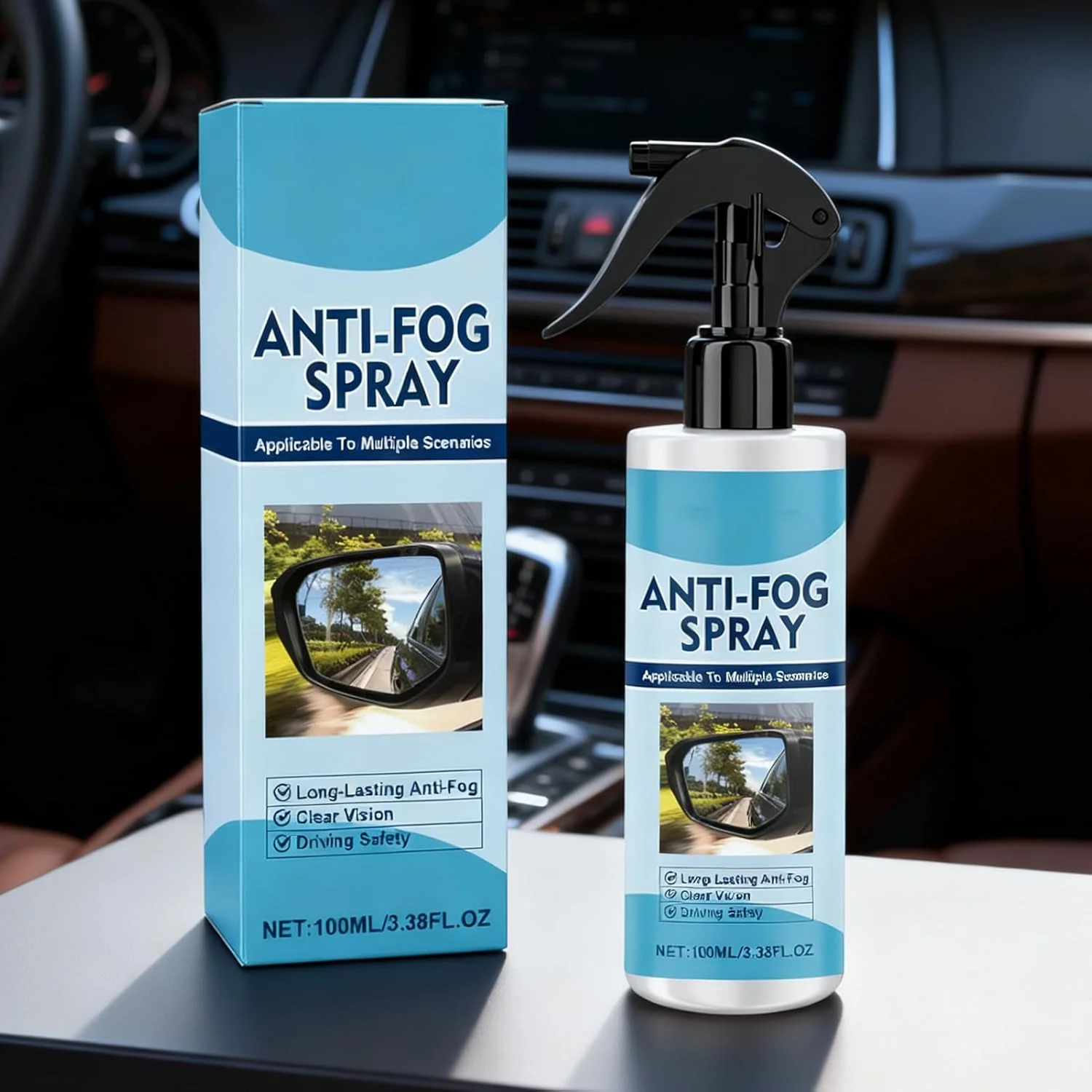 مایع ضد مه شیشه خودرو، 100 میلی لیتر - همراه با حوله و اسفنج | مناسب برای عینک، آینه، حمام، شیشه داخلی، خودروهای RV و SUV، لکه های فضله پرندگان