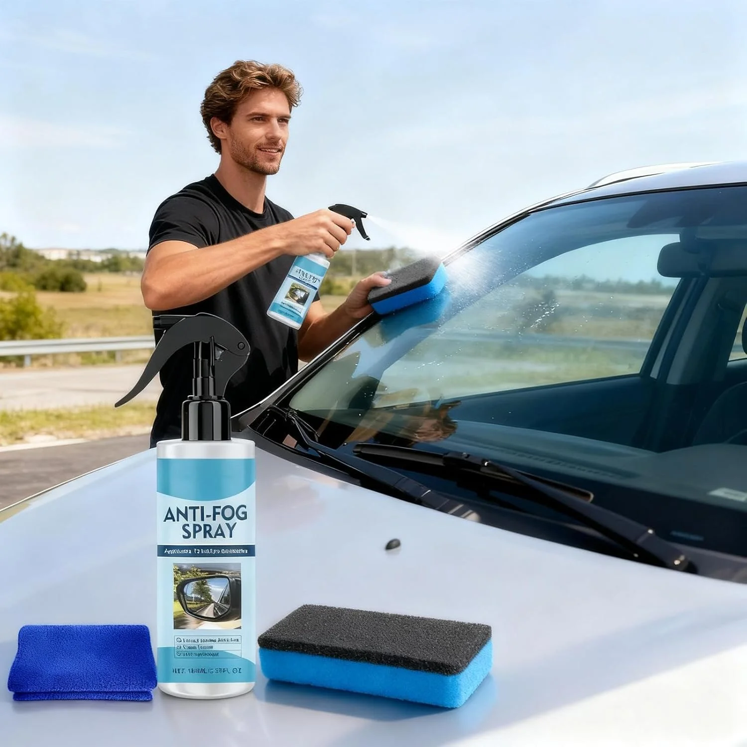 اسپری ضد بخار برای عینک - عامل رسوب زدایی ضد آب ۱۰۰ میلی لیتری، همراه با حوله و اسفنج تمیز کننده شیشه ضد بخار - برای آینه حمام، فضای داخلی RV، SUV و لکه های ناشی از پرندگان