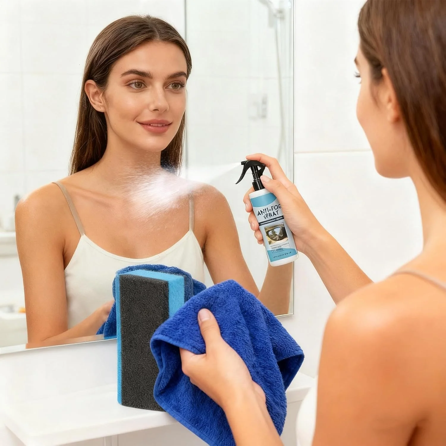 اسپری ضد بخار برای عینک، عامل یخ زدایی ۱۰۰ میلی لیتری | همراه با حوله و اسفنج تمیز کننده شیشه - برای آینه حمام، شیشه داخلی خودرو، RV، SUV و لکه های فضله پرندگان