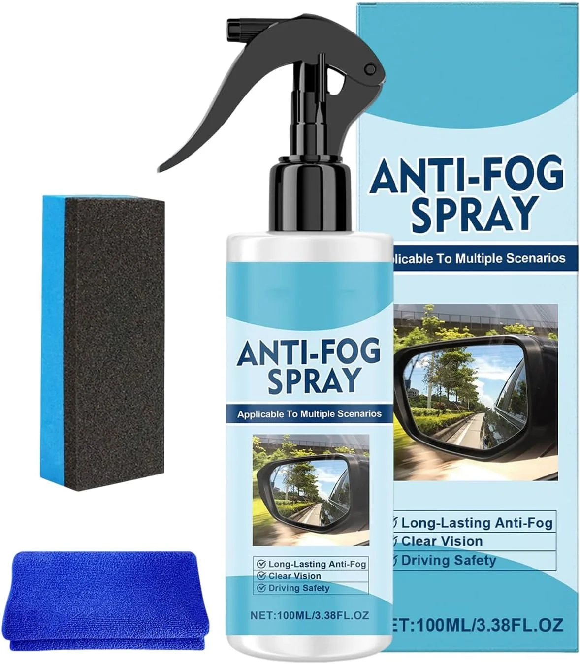 اسپری ضد بخار برای عینک، عامل رسوب زدایی ضد آب 100 میلی لیتری، به همراه حوله و اسفنج، اسپری ضد بخار شیشه جلو - برای آینه حمام، فضای داخلی RV، SUV، لکه های فضولات پرندگان
