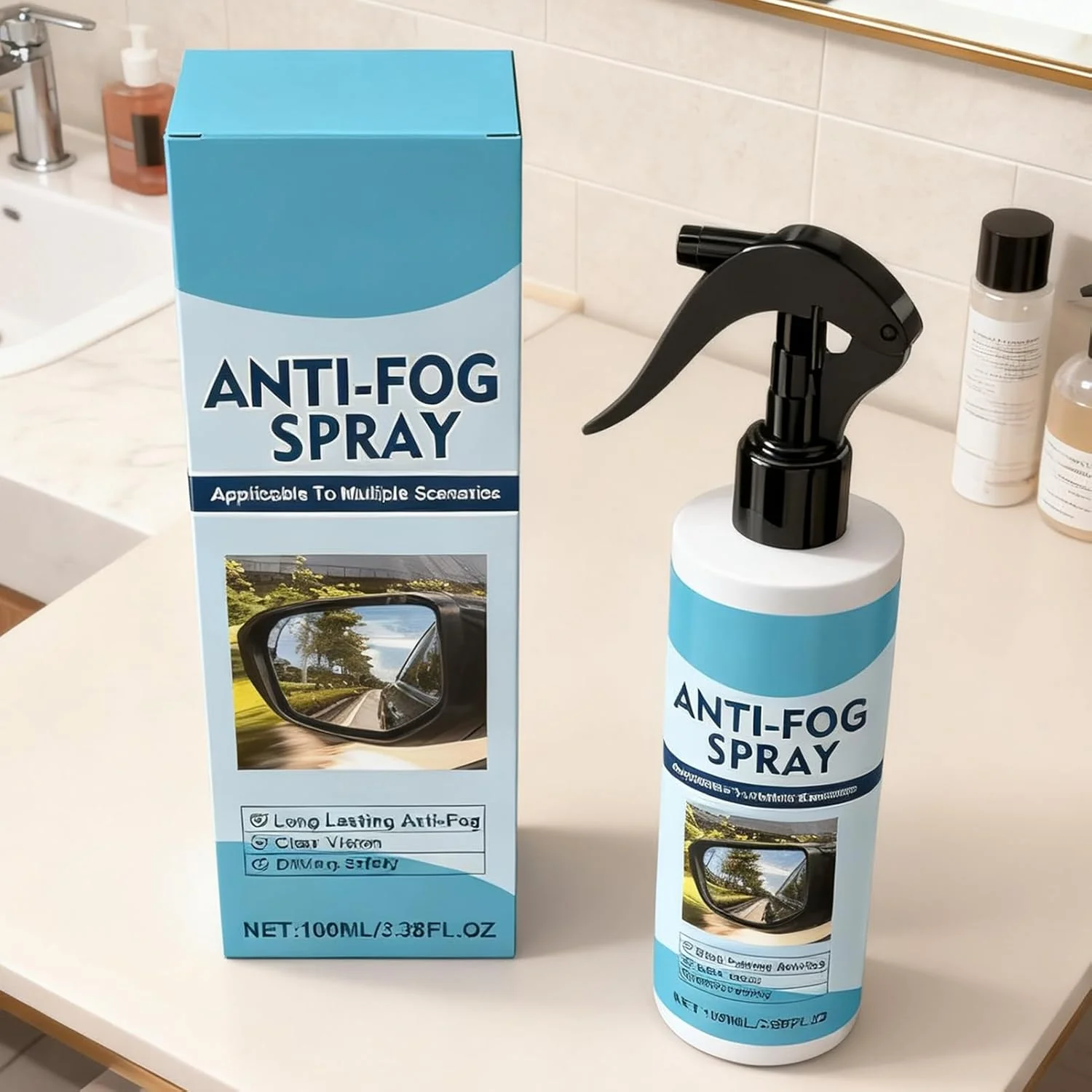 اسپری ضد بخار برای عینک، مایع ضد یخ 100 میلی لیتری - به همراه حوله و اسفنج، مناسب شیشه جلو، آینه، حمام، داخل خودرو، RV، SUV و لکه های فضله پرندگان