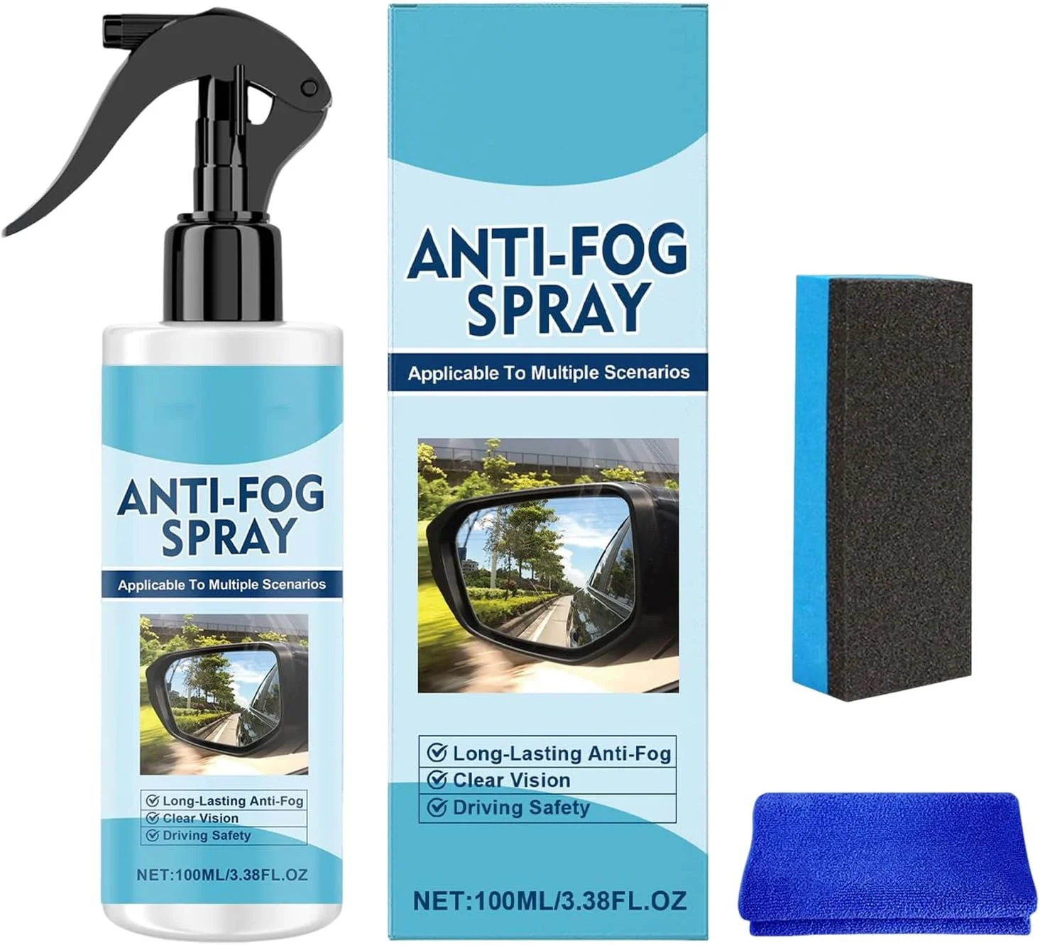 اسپری ضد بخار برای عینک، عامل رسوب زدای ضد آب 100 میلی لیتری، به همراه حوله و اسفنج پاک کننده ضد باران و ضد بخار شیشه - برای عینک ایمنی، آینه، حمام، فضای داخلی RV، SUV، لکه های فضله پرندگان