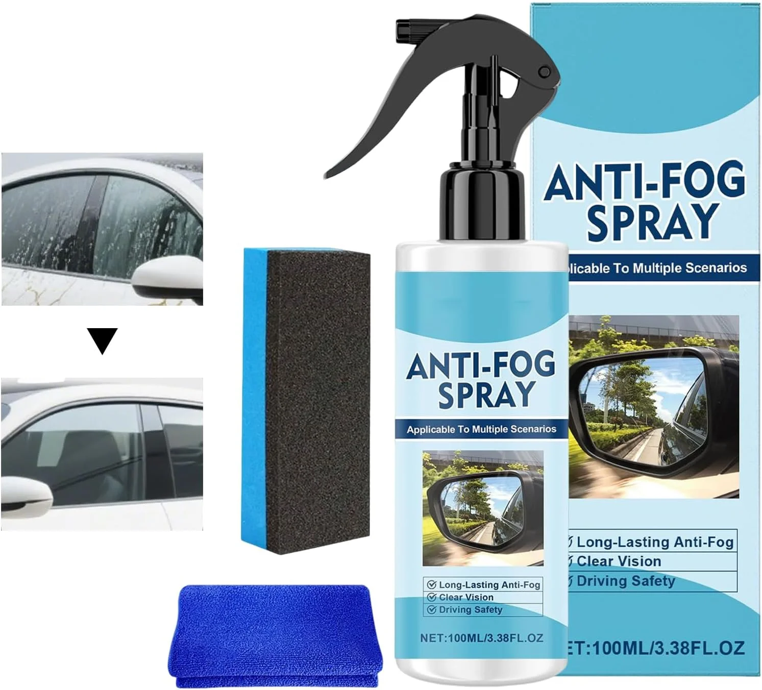 اسپری ضد بخار برای عینک | پاک کننده ضد آب 100 میلی لیتری، همراه با حوله و اسفنج ضد باران و ضد بخار - برای آینه یخ زده، حمام، دید داخلی رانندگی، کامیون، RV، SUV، لکه های خانگی
