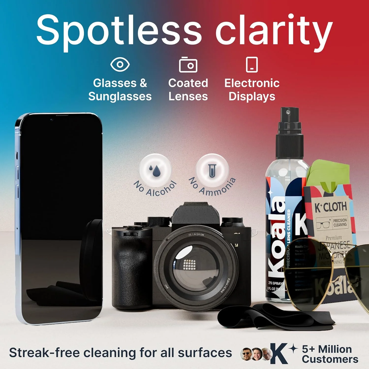 محلول پاک کننده لنز عینک Koala Lifestyle بدون الکل | 473 میلی لیتر + 2 دستمال | ایمن برای تمیز کردن همه لنزها و صفحه نمایش ها محلول پاک کننده لنز عینک Koala Lifestyle بدون الکل | 473 میلی لیتر + 2 دستمال | ایمن برای تمیز کردن همه لنزها و صفحه نمایش ها