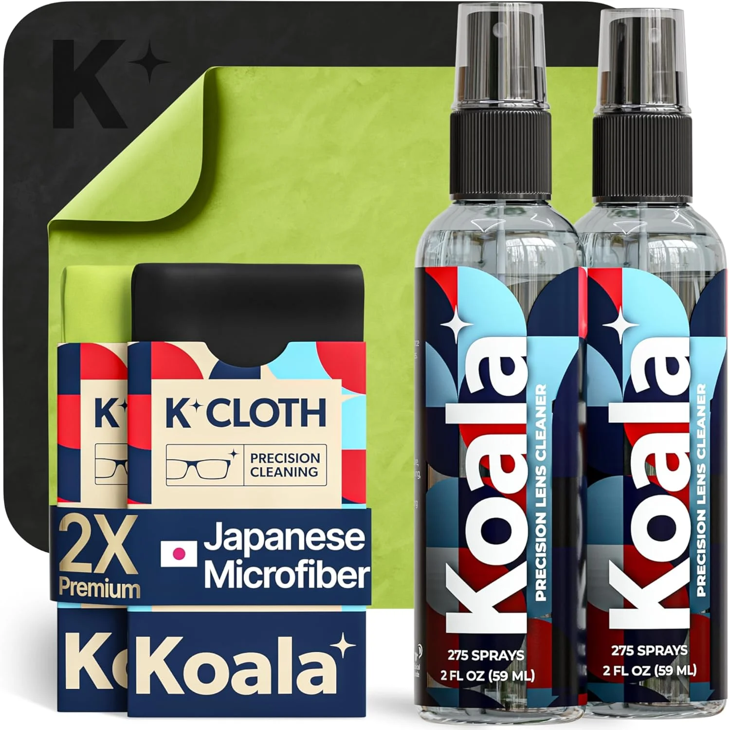 مجموعه اسپری تمیز کننده لنز عینک Koala Lifestyle | (2 عدد) بطری تمیز کننده عینک + (2 عدد) پارچه میکروفیبر | مناسب برای تمیز کردن عینک، صفحه نمایش و دوربین | ساخت آمریکا (مجموعه 4 عددی)