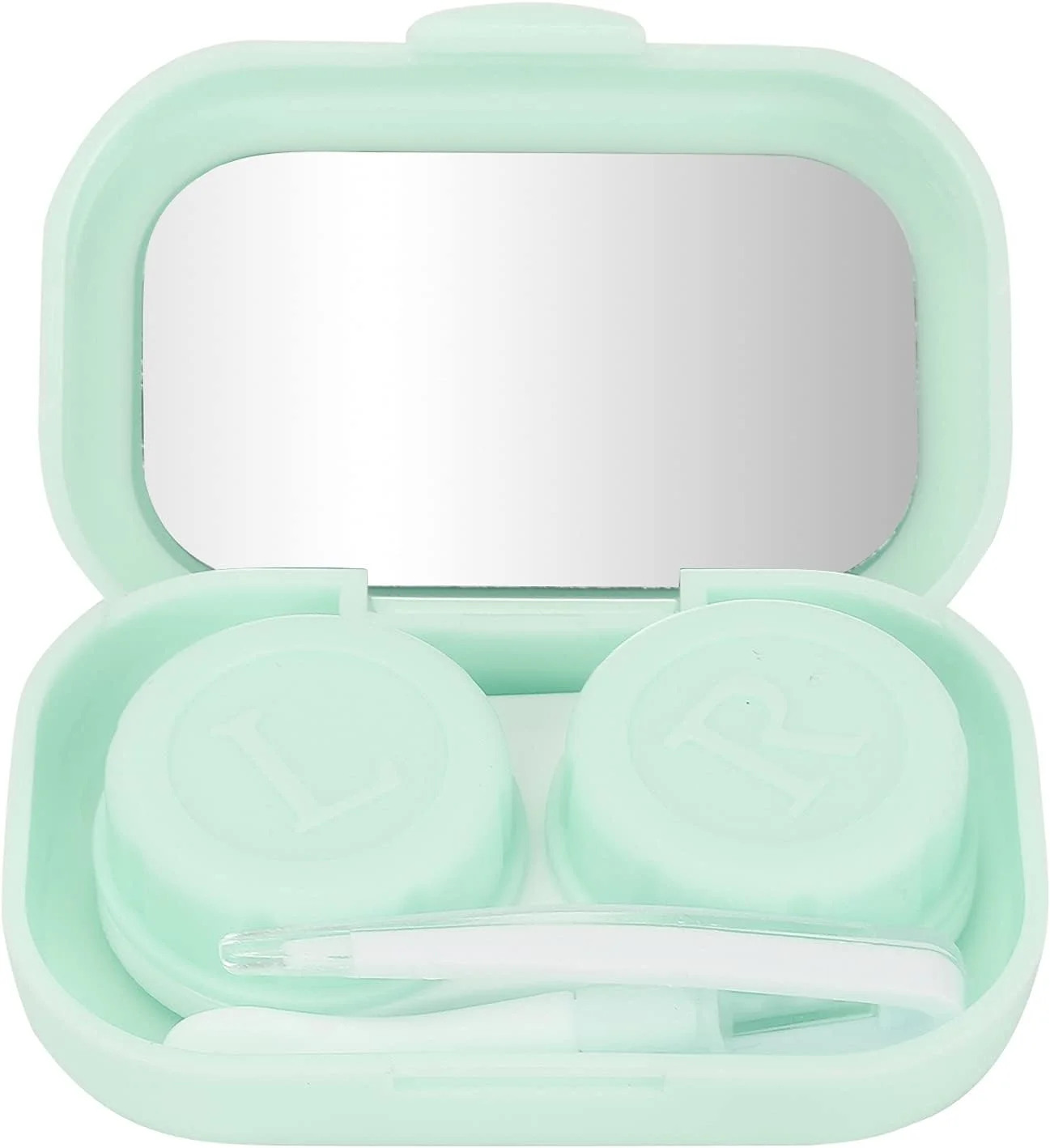 جعبه مسافرتی لنز تماسی، جعبه لنز تماسی با گیره، اپلیکاتور، بطری محلول و آینه داخلی (سبز)