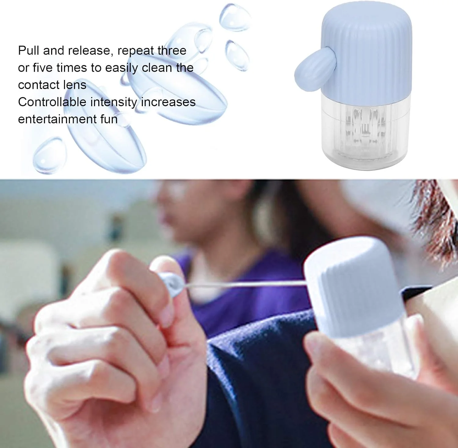 محلول لنز تماسی، دستگاه شستشوی لنز دستی قابل حمل، محفظه تمیز کننده چرخشی زیبا برای استفاده راحت (آبی)