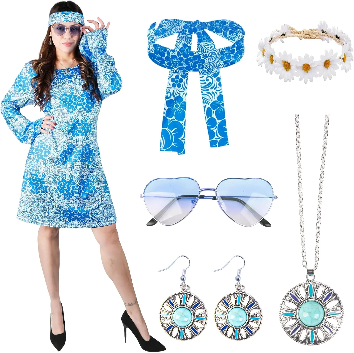 ست لباس زنانه الهام گرفته از دهه 60 و 70، شامل تل مو، هدبند، عینک، گردنبند، گوشواره، لباس دیسکو، اکسسوری، لباس زنانه برای مهمانی کارناوال