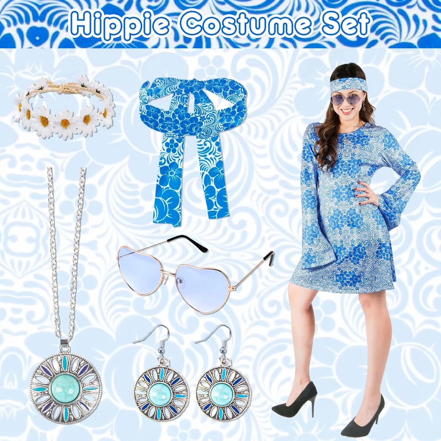 ست لباس زنانه الهام گرفته از دهه 60 و 70، شامل تل مو، هدبند، عینک، گردنبند، گوشواره، لباس دیسکو، اکسسوری، لباس زنانه برای مهمانی کارناوال ست لباس زنانه الهام گرفته از دهه 60 و 70، شامل تل مو، هدبند، عینک، گردنبند، گوشواره، لباس دیسکو، اکسسوری، لباس زنانه برای مهمانی کارناوال