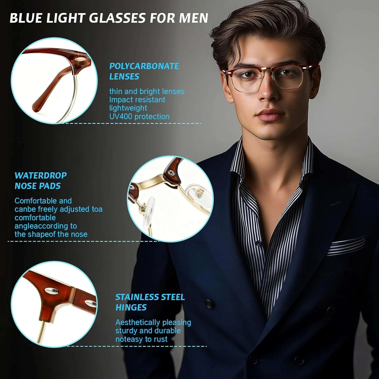 عینک های مسدود کننده نور آبی برای آقایان و بانوان، مسدود کننده 99% نور آبی برای کامپیوتر، بازی، تلویزیون و صفحه نمایش تلفن، نیم فریم