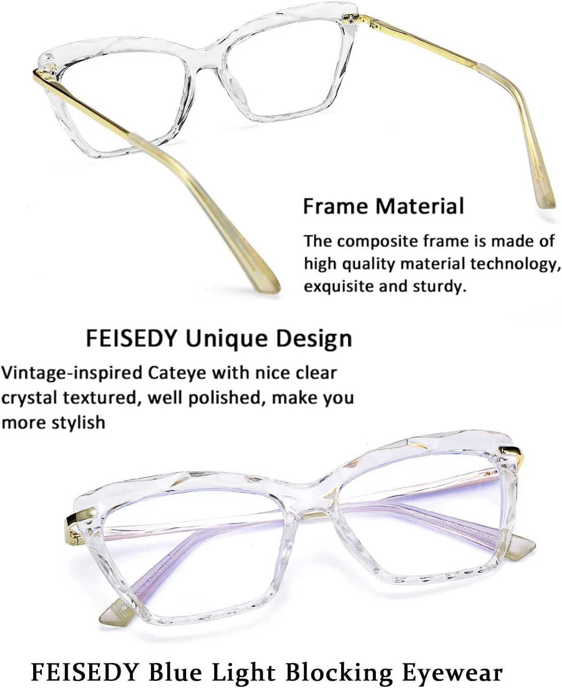 فریم عینک گربه ای کریستالی فیسیدی مسدود کننده نور آبی مناسب کامپیوتر مدل B2500