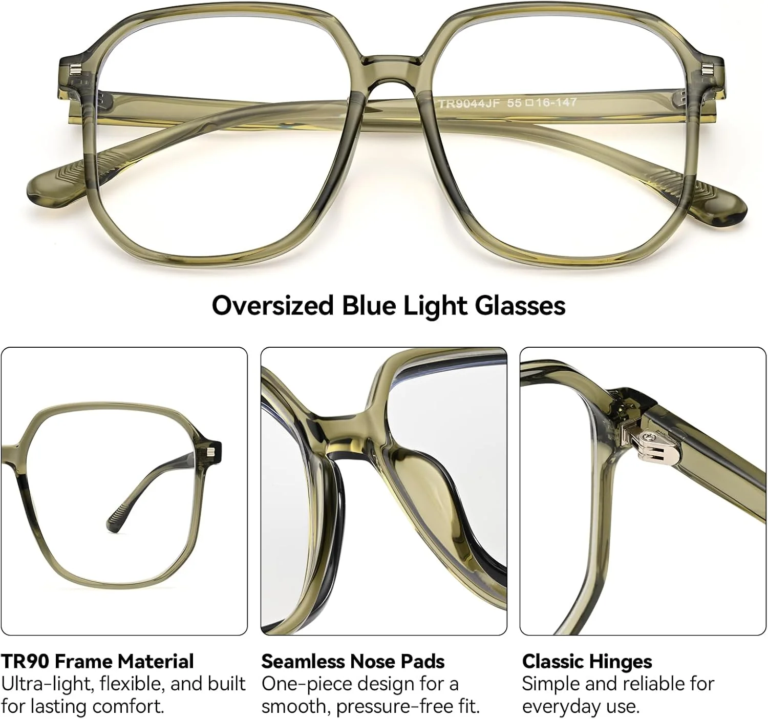 عینک بلو لایت بزرگ Dollger برای زنان، عینک مربعی مد دهه 90 با فریم TR90 بدون نسخه عینک بلو لایت بزرگ Dollger برای زنان، عینک مربعی مد دهه 90 با فریم TR90 بدون نسخه