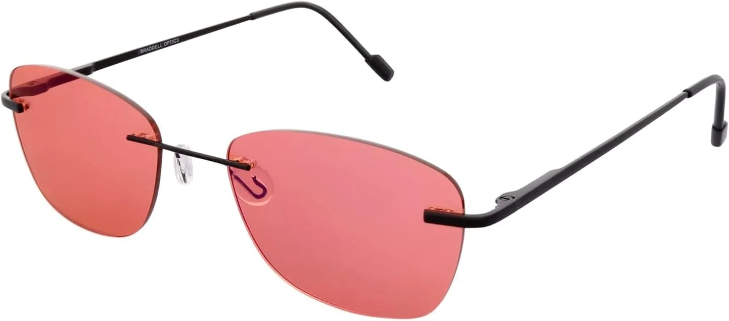 عینک بدون فریم با عدسی های رز رنگی FL-41 برای حساسیت به نور، فوتوفوبیا و خستگی چشم