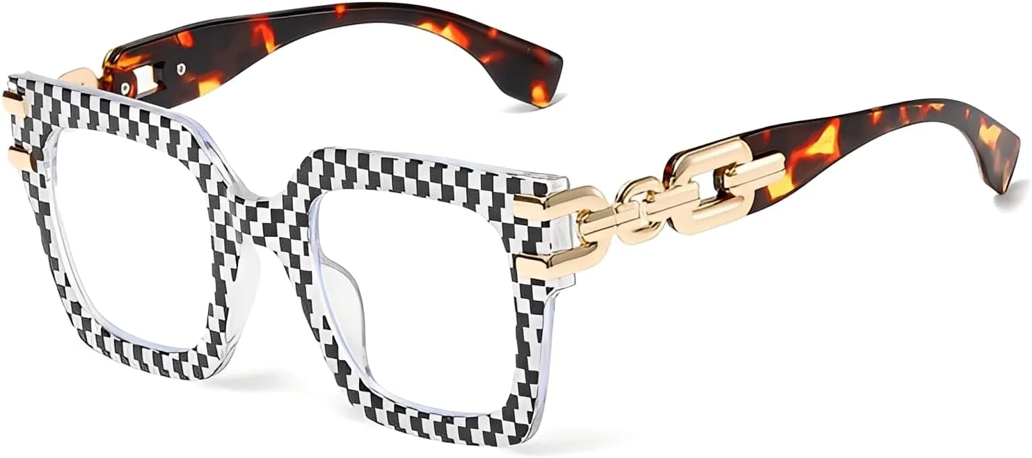 عینک های مسدود کننده نور آبی زنانه - عینک کامپیوتر مربعی بزرگ با طراحی ضد خستگی چشم، قاب شطرنجی شیک و زنجیر طلایی، عینک مطالعه و بازی مد روز