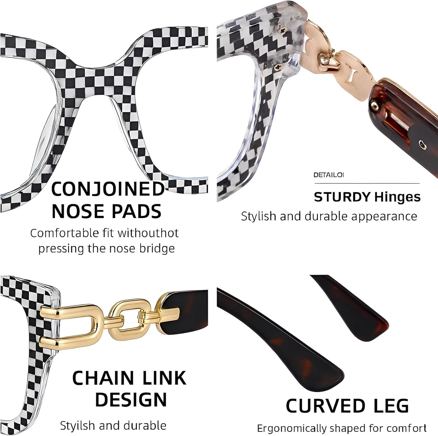 عینک های مسدود کننده نور آبی زنانه - عینک کامپیوتر مربعی بزرگ با طراحی ضد خستگی چشم، قاب شطرنجی شیک و زنجیر طلایی، عینک مطالعه و بازی مد روز