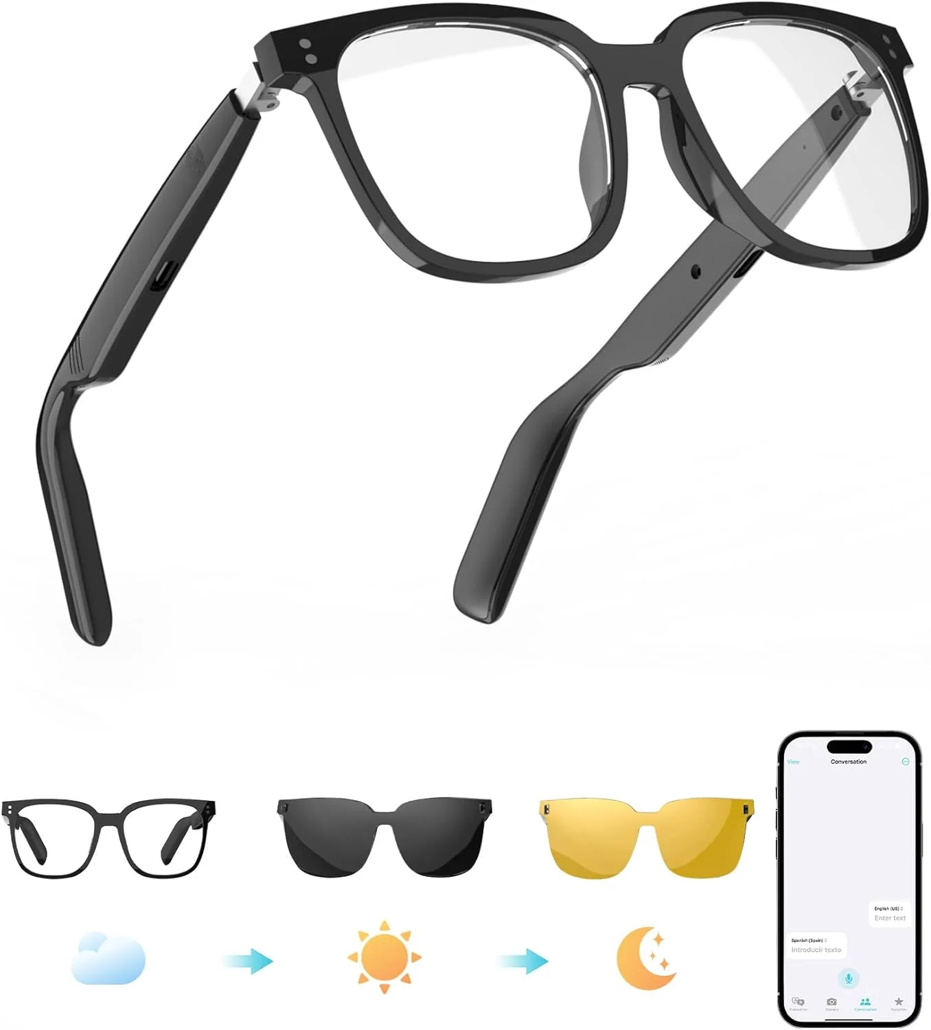 عینک هوشمند، لنزهای شفاف مسدود کننده نور آبی و گیره مغناطیسی عینک آفتابی، عینک بلوتوث با بلندگوی گوش باز برای آقایان و بانوان، سازگار با دستیار صوتی برای جلسات تجاری و مسافرت عینک هوشمند، لنزهای شفاف مسدود کننده نور آبی و گیره مغناطیسی عینک آفتابی، عینک بلوتوث با بلندگوی گوش باز برای آقایان و بانوان، سازگار با دستیار صوتی برای جلسات تجاری و مسافرت