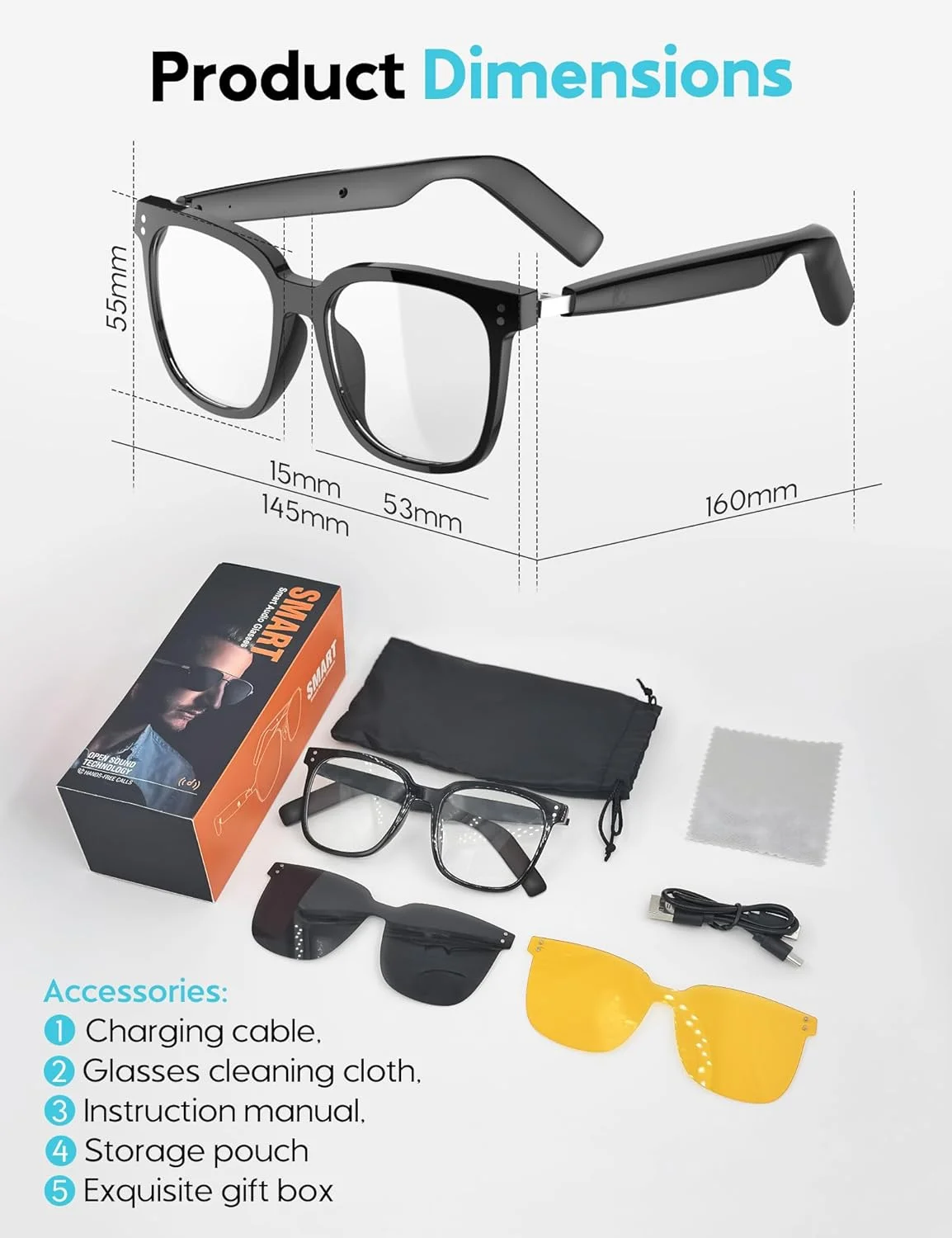 عینک هوشمند، لنزهای شفاف مسدود کننده نور آبی و گیره مغناطیسی عینک آفتابی، عینک بلوتوث با بلندگوی گوش باز برای آقایان و بانوان، سازگار با دستیار صوتی برای جلسات تجاری و مسافرت