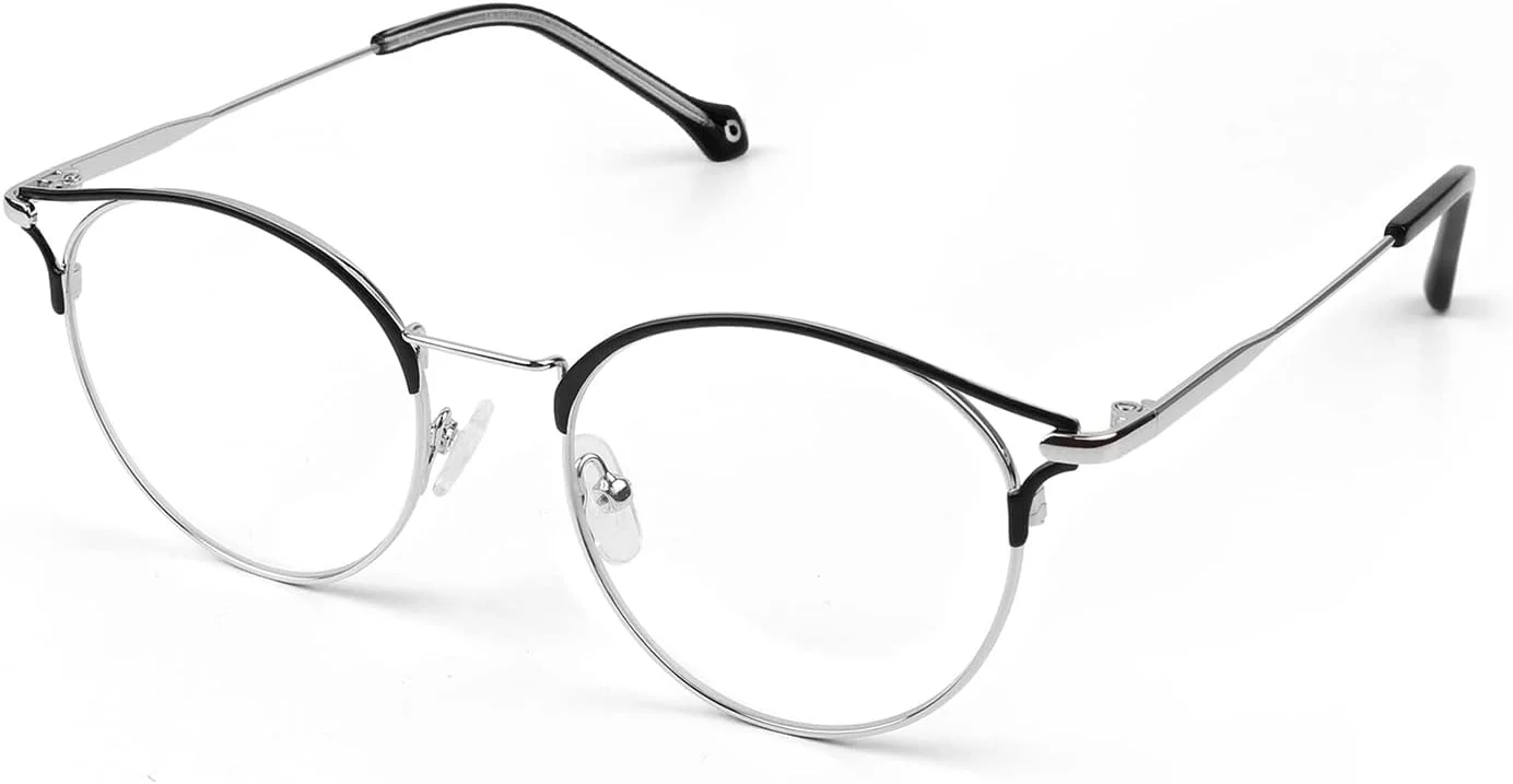 عینک مسدود کننده نور آبی Baytion زنانه مردانه، عینک گرد چشم گربه ای نور آبی فیلتر کننده دستگاه های دیجیتال با فریم استیل ضد زنگ محافظت 100% UV، بدون نسخه، مشکی نقره ای