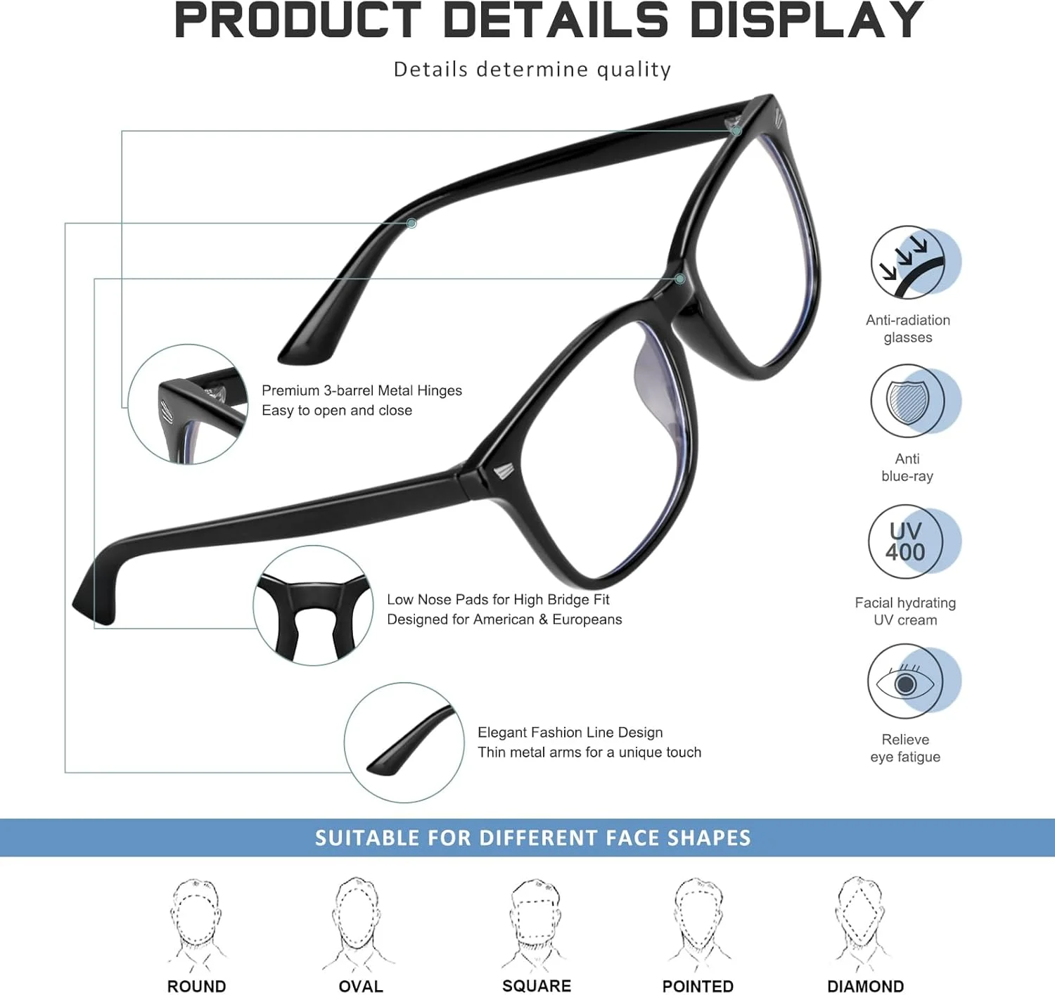 عینک مطالعه 5 عددی برای بانوان و آقایان، مسدود کننده نور آبی، مناسب برای کامپیوتر و فیلتر اشعه ماوراء بنفش