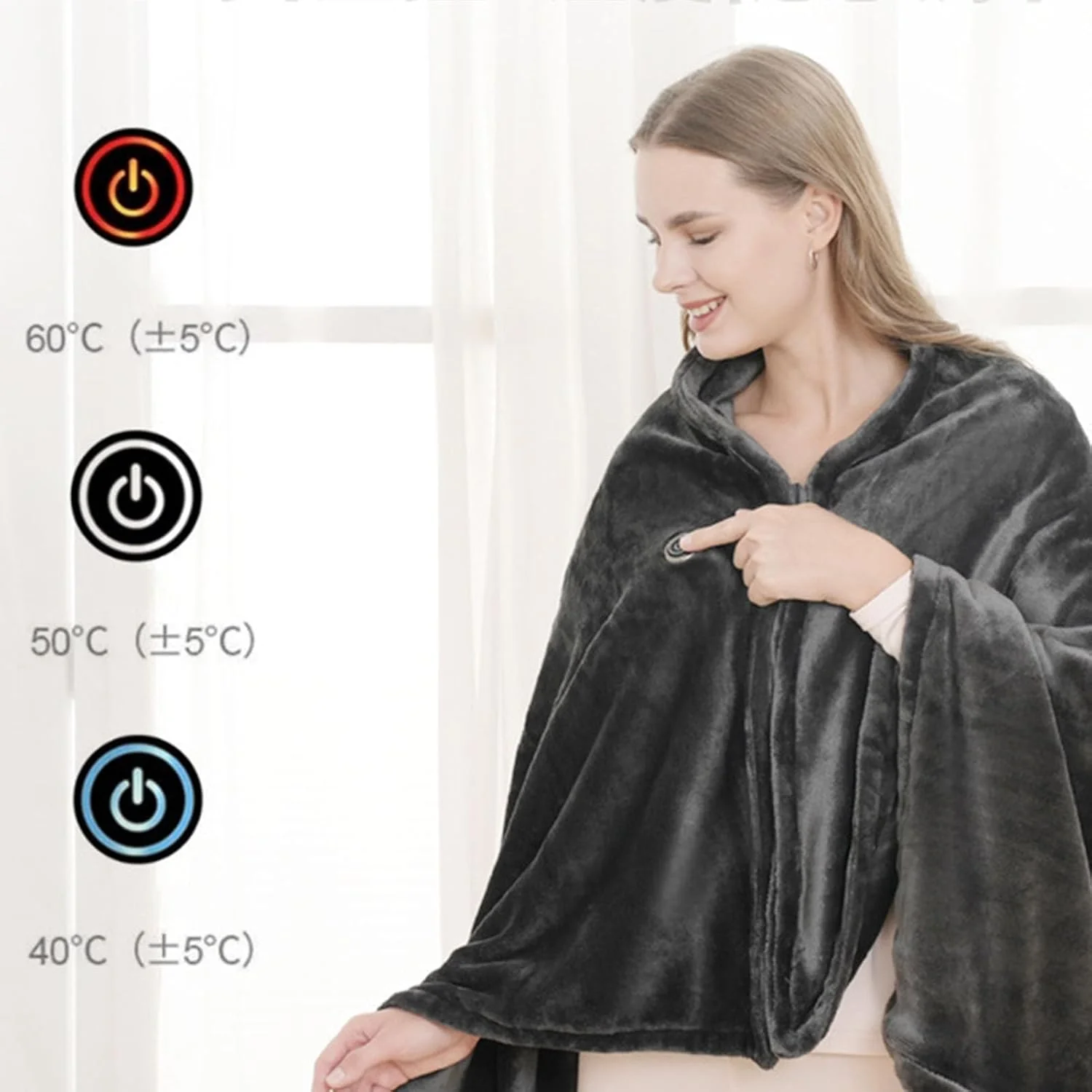 پتوی گرمایشی، پتوی برقی 10 واتی با منبع تغذیه USB، 3 سطح دما، 9 منطقه گرمایشی، دو طرفه از جنس فلانل، دارای کلاه، پتوی برقی برای کمپینگ، مسافرت، فضای باز، خانه و محل کار