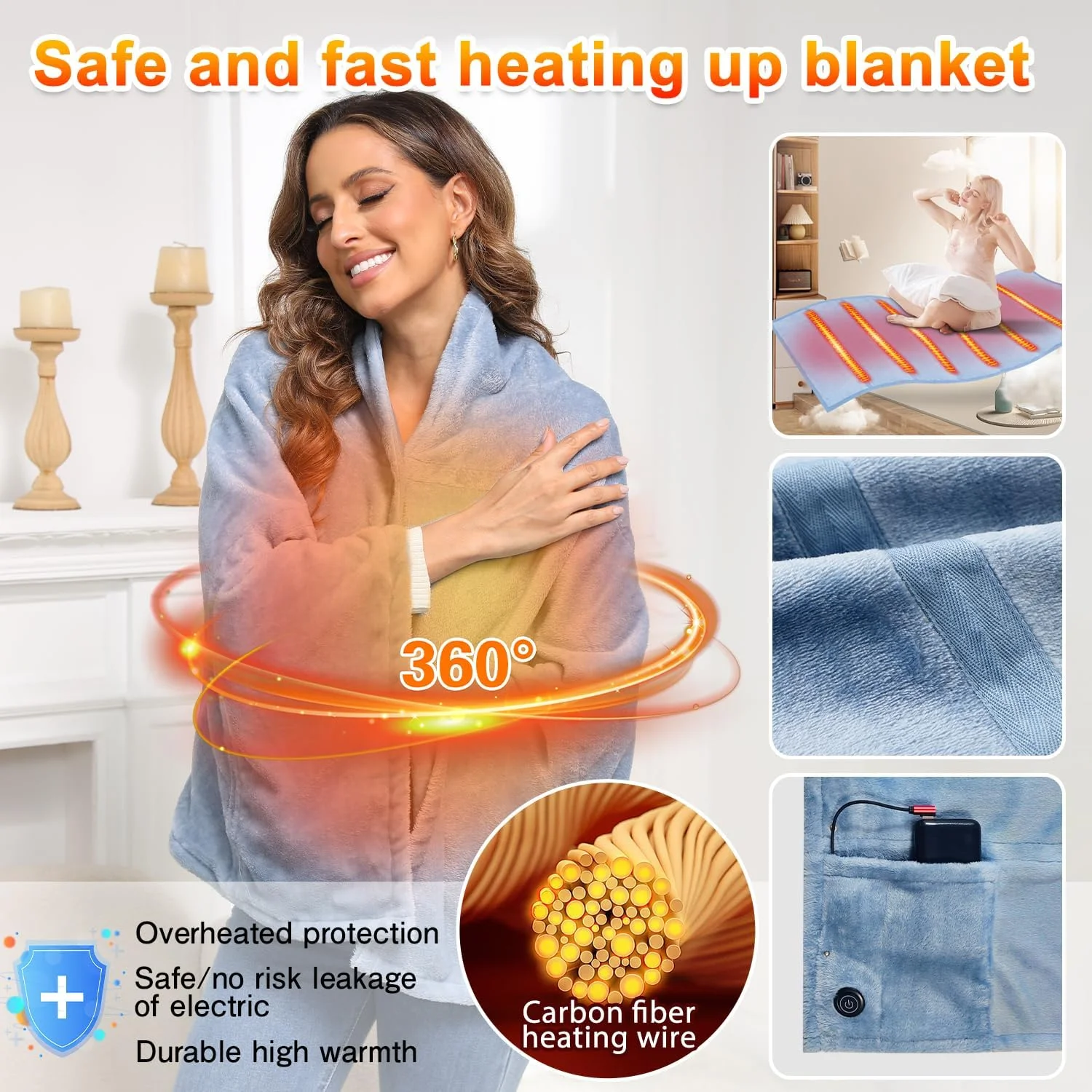 پتوی گرمایشی USB با قابلیت کارکرد با باتری - پتوی برقی گرم کننده قابل حمل برای مسافرت، کمپینگ در فضای باز و استفاده در منزل