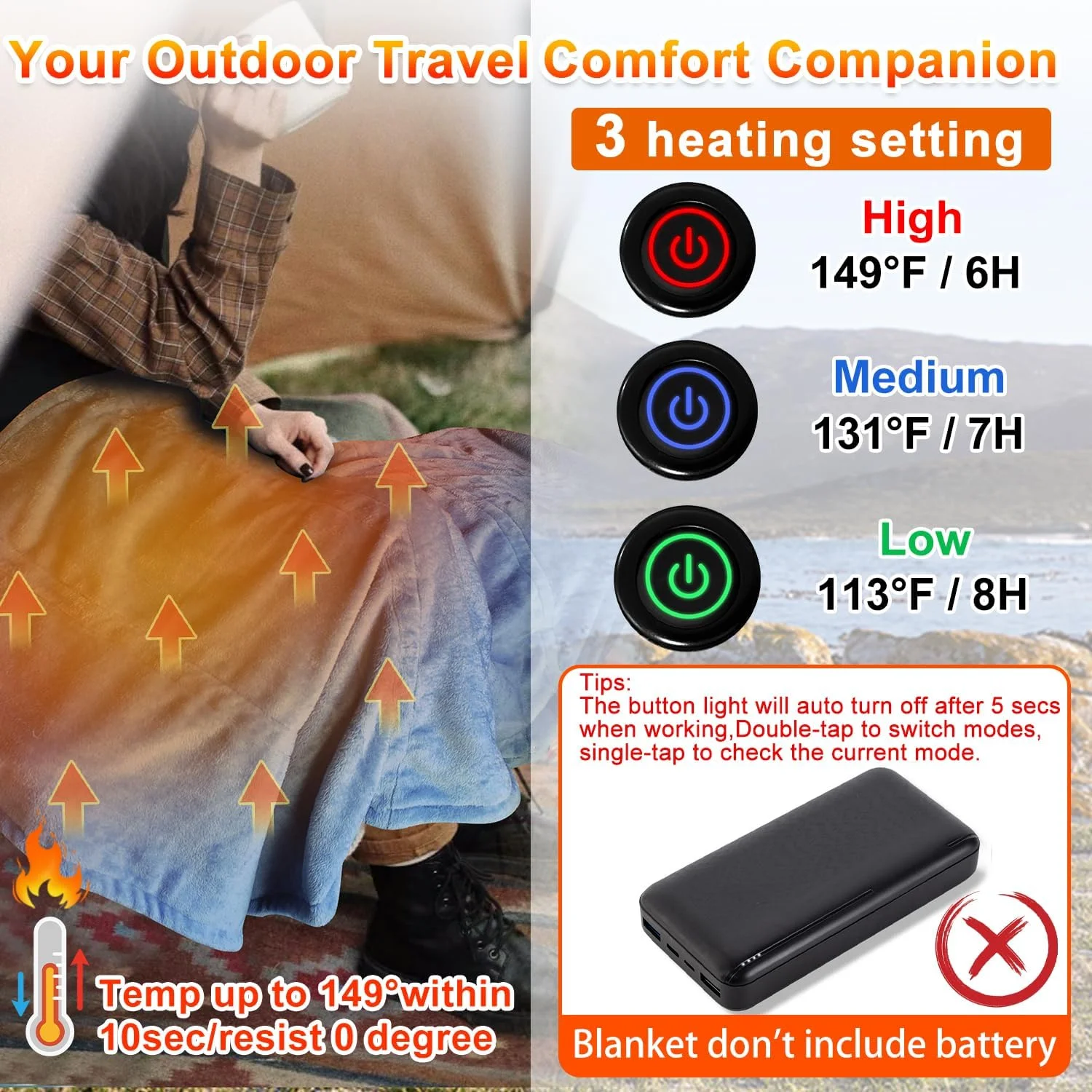 پتوی گرمایشی USB با قابلیت کارکرد با باتری - پتوی برقی گرم کننده قابل حمل برای مسافرت، کمپینگ در فضای باز و استفاده در منزل