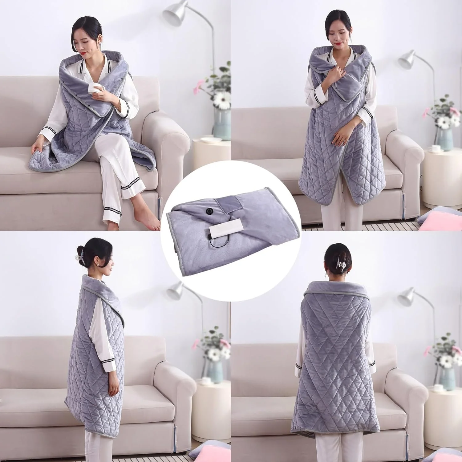 شال پتو گرمایشی بی سیم، 100x140 سانتی متر، پتو گرمایشی قابل حمل با باتری، شال گرمایشی نرم و راحت پوشیدنی، 3 تنظیمات گرما، خاموش شدن خودکار، قابل شستشو در ماشین لباسشویی، استفاده آسان (خاکستری، ژاکت)