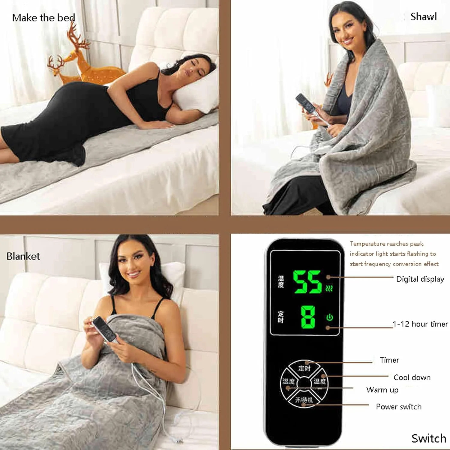 پتو برقی گرمایشی خاکستری، پتو برقی پشم گوسفند نرم و قابل شستشو در ماشین لباسشویی با تایمر و کنترل دما پتو برقی گرمایشی خاکستری، پتو برقی پشم گوسفند نرم و قابل شستشو در ماشین لباسشویی با تایمر و کنترل دما