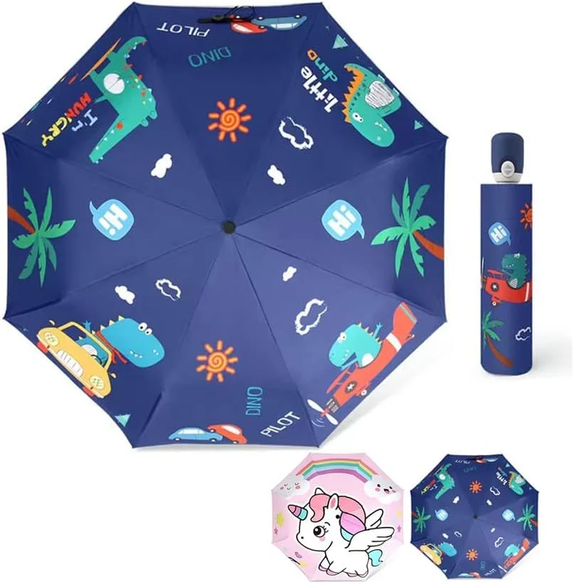 چتر تاشو کودکانه، چتر مسافرتی کارتونی بازشو خودکار، چتر ضد آب و مقاوم در برابر اشعه ماوراء بنفش، جمع و جور و ضد باد برای دختران و پسران (دایناسور + ماشین)، یک سایز