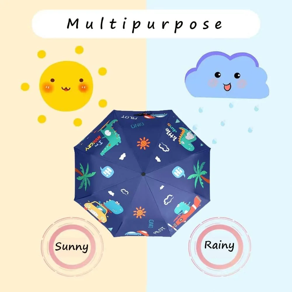 چتر تاشو کودکانه، چتر مسافرتی کارتونی بازشو خودکار، چتر ضد آب و مقاوم در برابر اشعه ماوراء بنفش، جمع و جور و ضد باد برای دختران و پسران (دایناسور + ماشین)، یک سایز