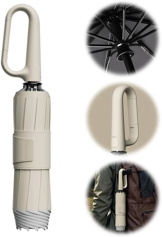 چتر تاشو قابل حمل با سگک حلقه ای برای باران و آفتاب، نوار ایمنی بازتابنده، چتر تمام اتوماتیک با سگک حلقه ای، قابل حمل برای مسافرت (بژ)