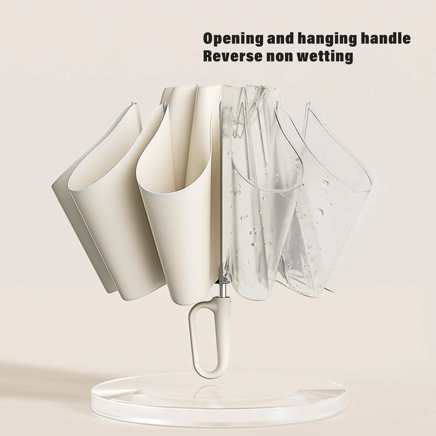 چتر تاشو قابل حمل با سگک حلقه ای برای باران و آفتاب، نوار ایمنی بازتابنده، چتر تمام اتوماتیک با سگک حلقه ای، قابل حمل برای مسافرت (بژ)