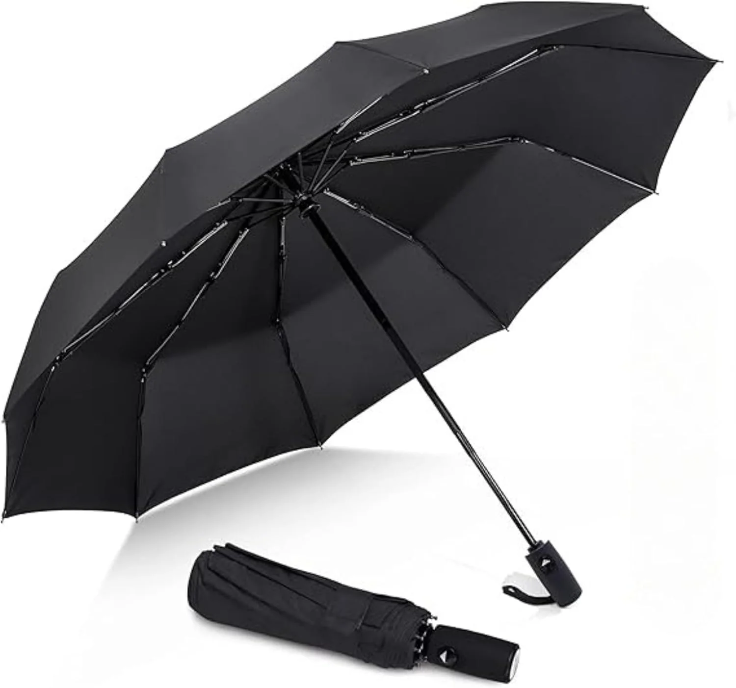 چتر مسافرتی مقاوم در برابر باد (فشرده، عالی و زیبا)، چتر بارانی تاشو اتوماتیک، سبک و بادوام، دسته با کیفیت ممتاز، مناسب برای خودرو و کوله پشتی - 8 پره | مشکی