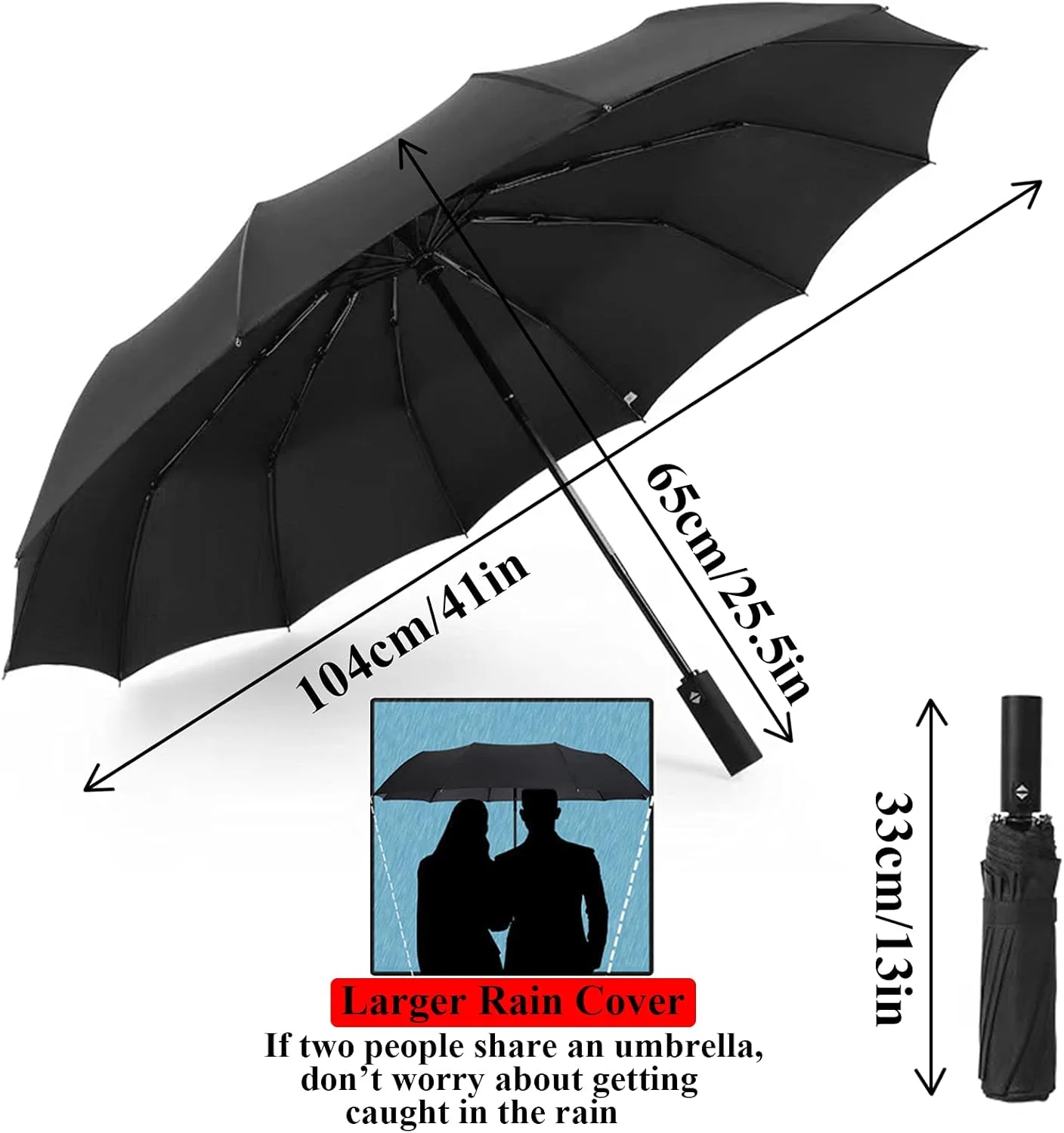 چتر مسافرتی ضد باد با 12 پره، باز و بسته شدن خودکار، تاشو و جمع و جور برای کوله پشتی (مشکی)
