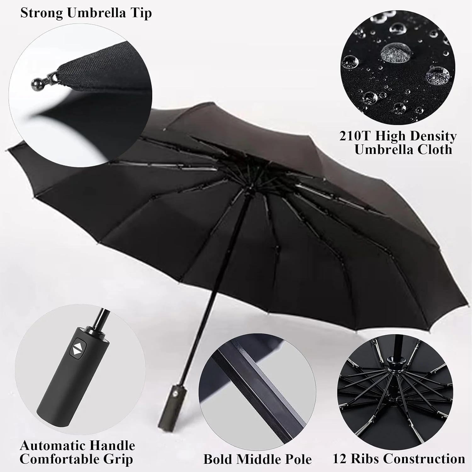 چتر مسافرتی ضد باد با 12 پره، باز و بسته شدن خودکار، تاشو و جمع و جور برای کوله پشتی (مشکی)