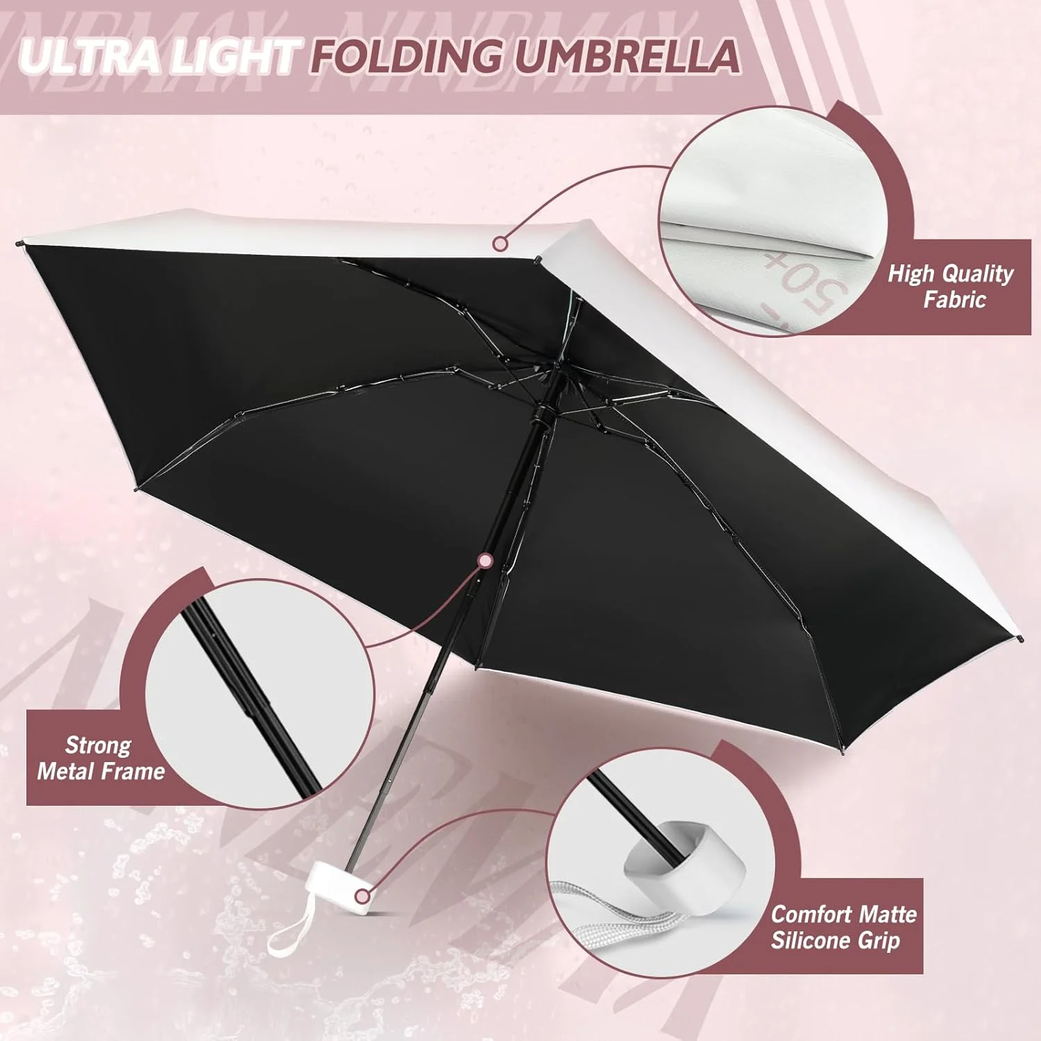 چتر مسافرتی NINEMAX - مینی تاشو محافظت در برابر اشعه ماوراء بنفش، کوچک، جمع و جور، مسدود کننده نور خورشید، سبک وزن، فوق سبک، اندازه جیبی، حمل آسان، قابل حمل، 6 پره برای فضای باز آفتابی مردانه و زنانه