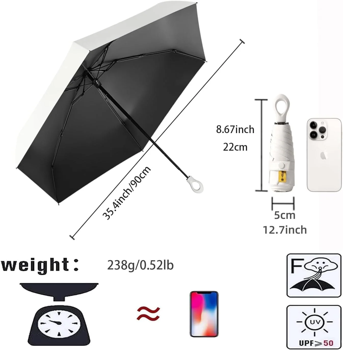 چتر مسافرتی کوچک آفتابی با دسته حلقه‌ای، لایه پوشش پارچه‌ای، چتر تاشو جمع و جور/ کوله پشتی کوچک قابل حمل و سبک وزن/ ضد باران و آفتاب/ مسدود کننده/ ضد اشعه ماوراء بنفش UPF 50 محافظت 99.9%