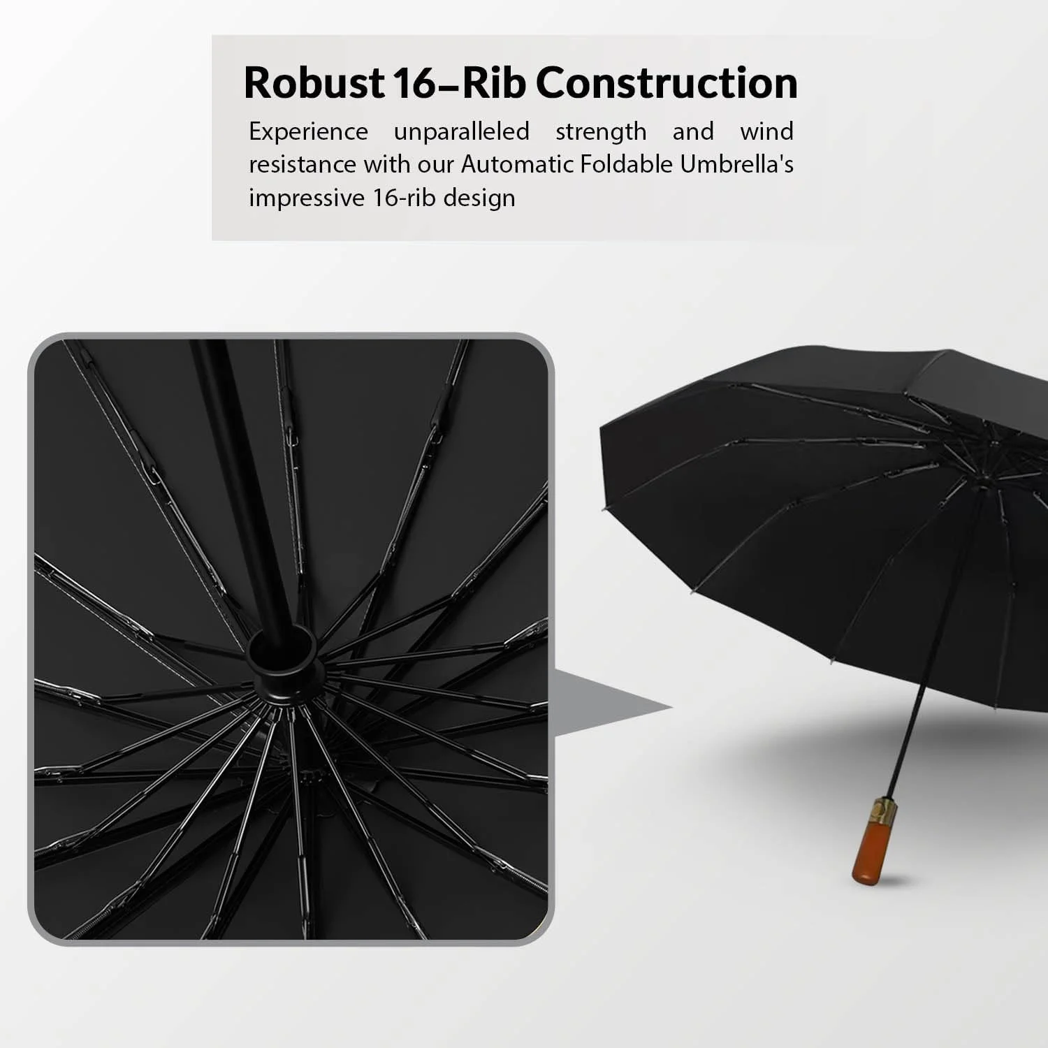 چتر تاشو اتوماتیک 16 پره با قطر 108 سانتی‌متر – دسته چوبی – محافظت در برابر اشعه ماوراء بنفش – ضد باد – مناسب برای تابستان و زمستان - عملکرد باز/بسته شدن اتوماتیک