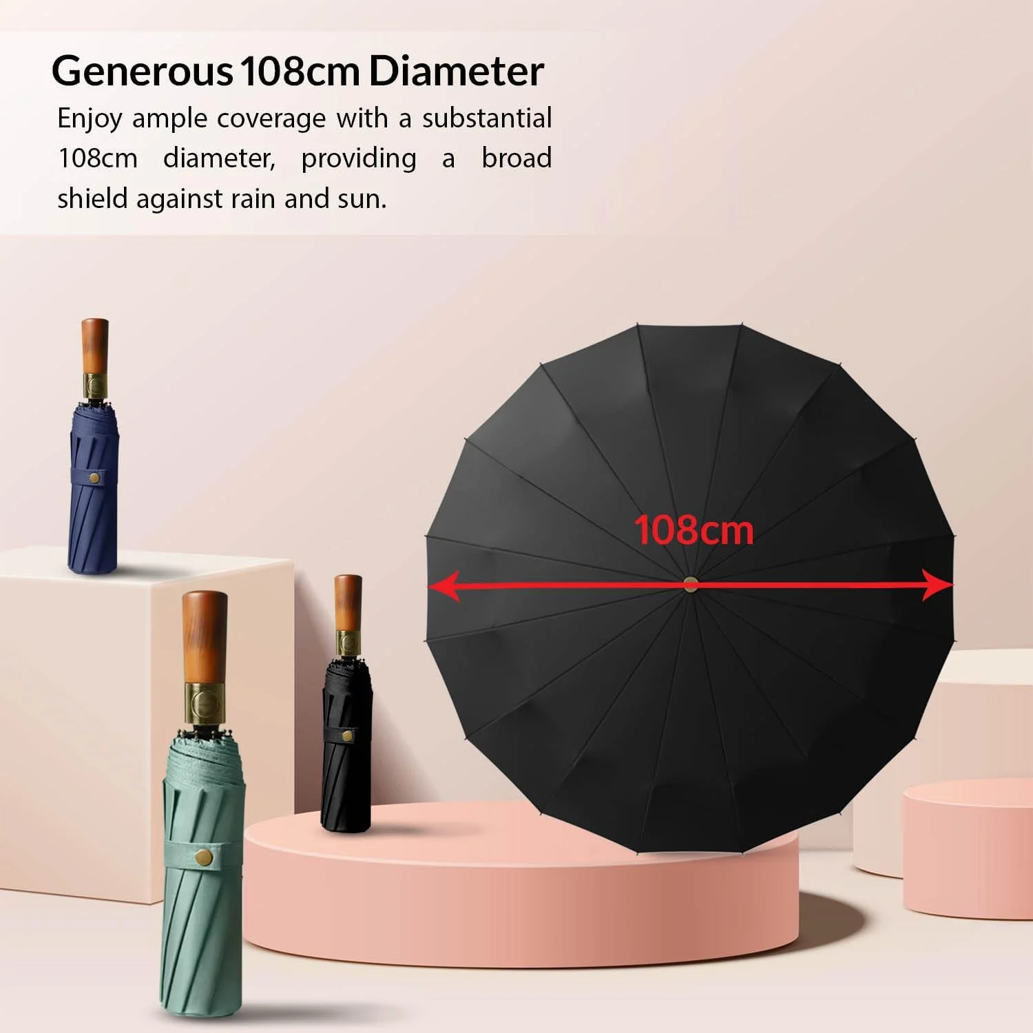 چتر تاشو اتوماتیک 16 پره با قطر 108 سانتی‌متر – دسته چوبی – محافظت در برابر اشعه ماوراء بنفش – ضد باد – مناسب برای تابستان و زمستان - عملکرد باز/بسته شدن اتوماتیک