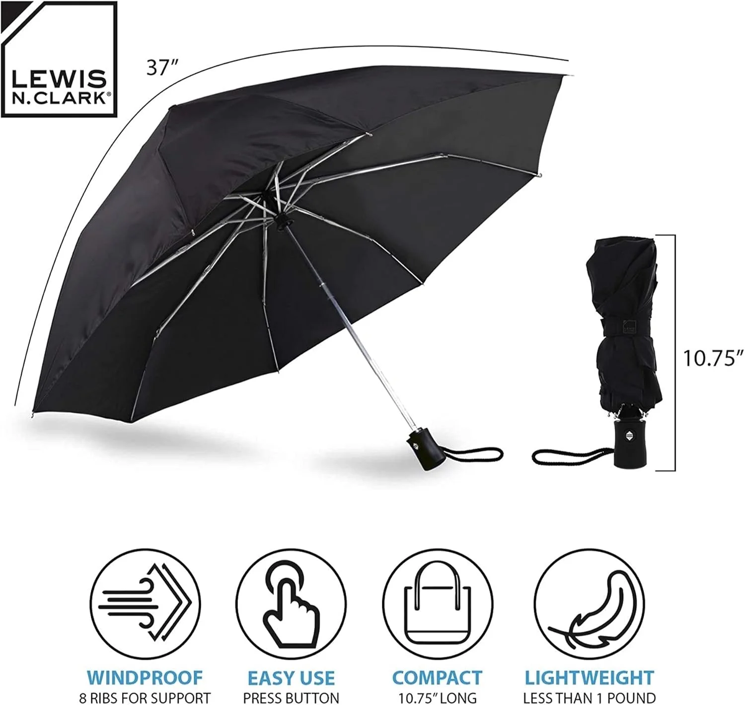 چتر مسافرتی لوئیس ان. کلارک: پارچه ضد باد و ضد آب، باز و بسته شدن اتوماتیک