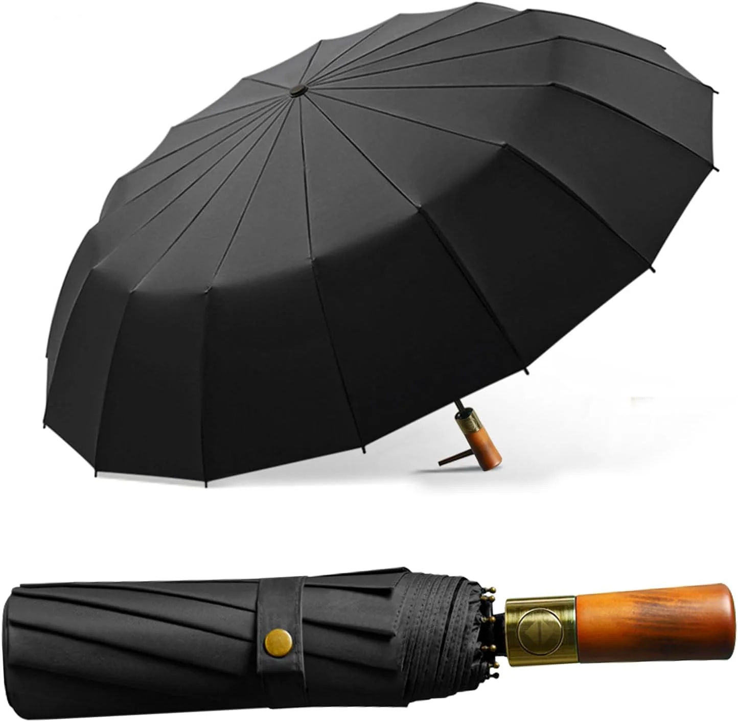 چتر ضد باد، چترهای اتوماتیک برای باران - چتر تاشو جمع و جور، دسته چوبی محکم و باز و بسته شدن خودکار چتر برای مردان و زنان، سبک وزن 16 پره، محافظت در برابر اشعه ماوراء بنفش خورشید 99% - مشکی