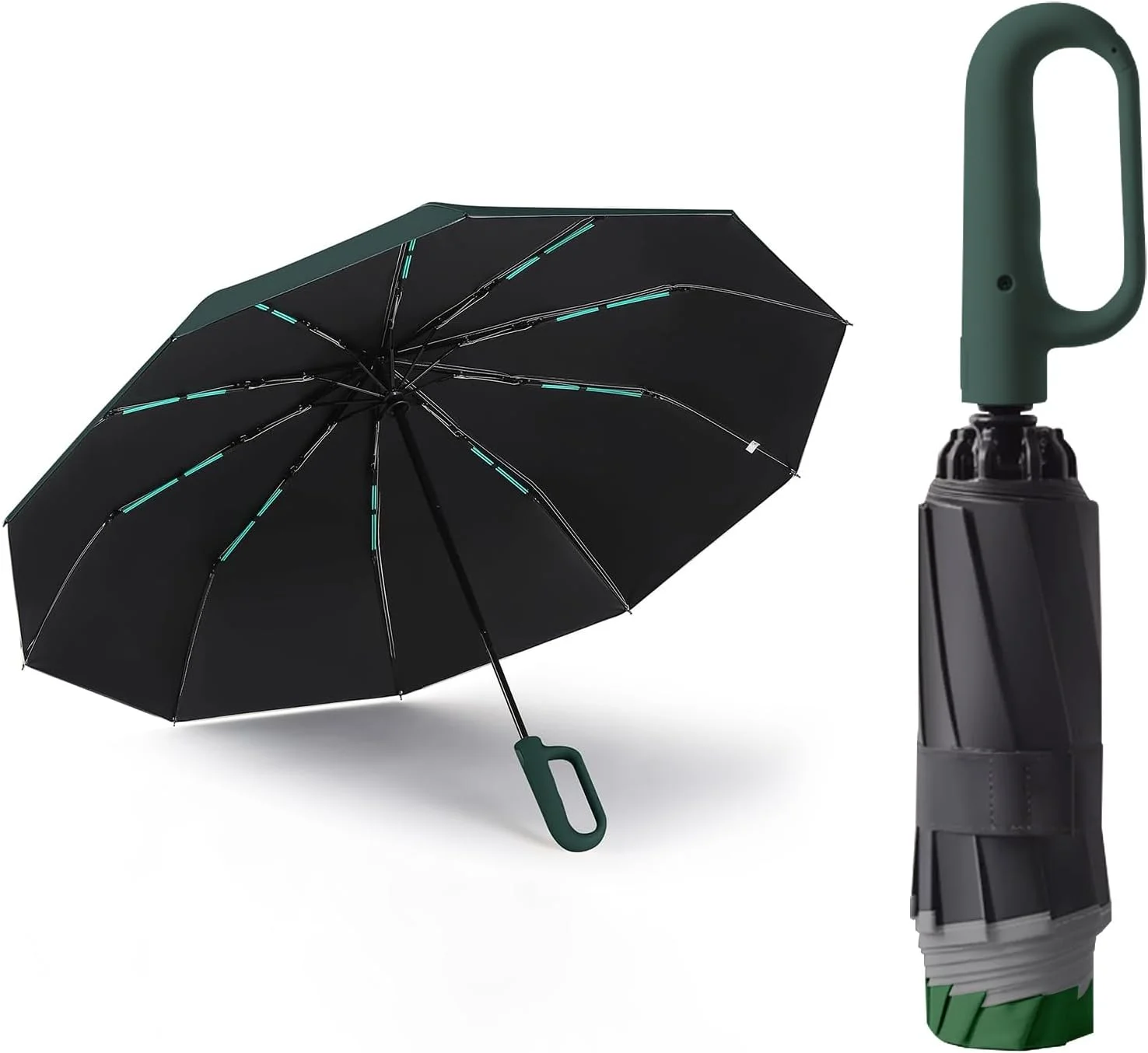چتر اتوماتیک معکوس با سگک حلقه ای، طراحی مقاوم در برابر باد، چتر مسافرتی تاشو جمع و جور با باز/بسته شدن خودکار، 10 پره، محافظت 99٪ در برابر اشعه ماوراء بنفش برای آقایان و بانوان