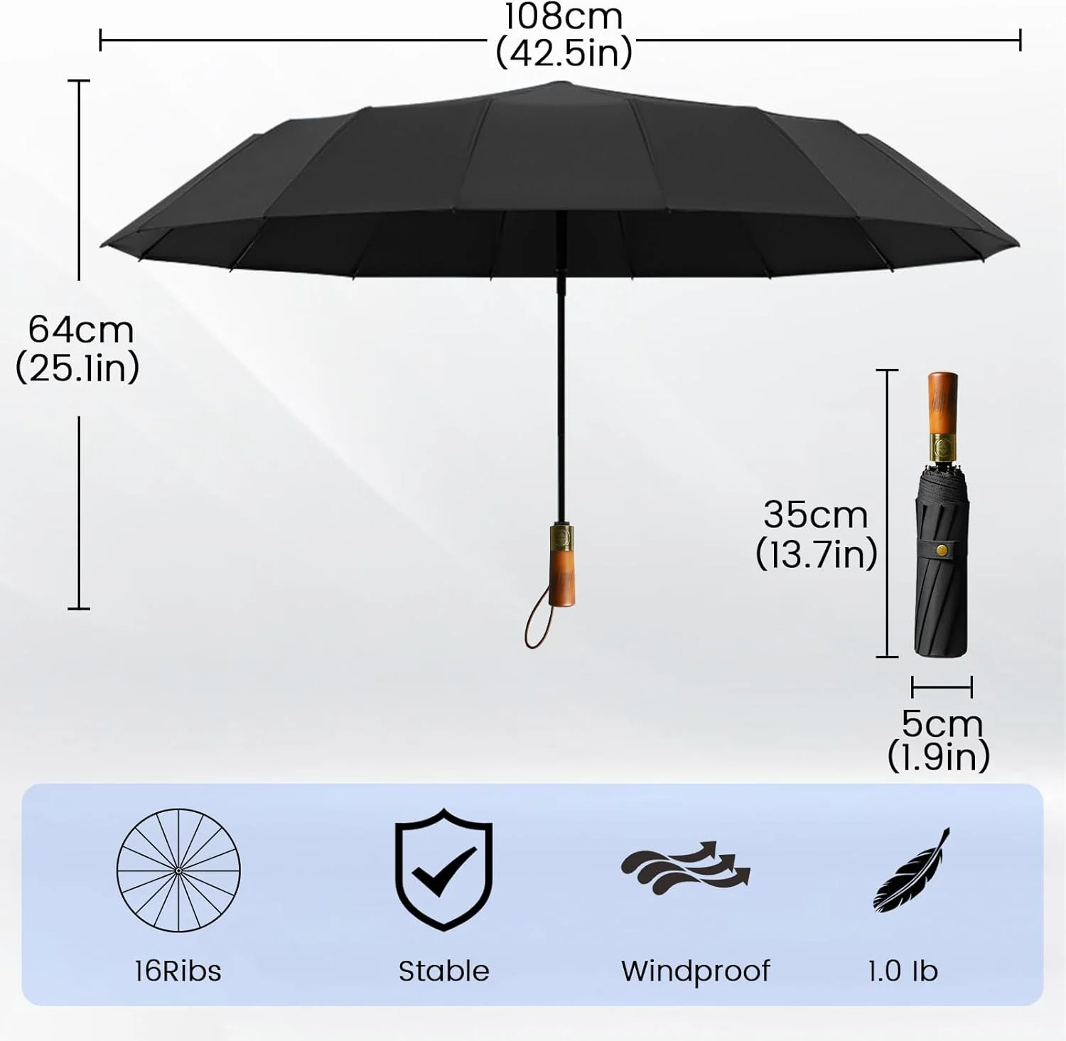 چتر ضد باد، چترهای اتوماتیک برای باران - چتر تاشو جمع و جور، دسته چوبی محکم و باز و بسته شدن خودکار چتر برای مردان و زنان، سبک وزن 16 پره، محافظت در برابر اشعه ماوراء بنفش خورشید 99% - مشکی چتر ضد باد، چترهای اتوماتیک برای باران - چتر تاشو جمع و جور، دسته چوبی محکم و باز و بسته شدن خودکار چتر برای مردان و زنان، سبک وزن 16 پره، محافظت در برابر اشعه ماوراء بنفش خورشید 99% - مشکی
