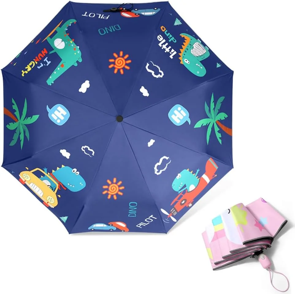 چتر تاشو مسافرتی برای کودکان، چتر چاپی کارتونی باز و بسته شدن خودکار برای کودکان، چتر ضد آب سبک وزن قابل حمل ضد آفتاب، طرح حیوانات صورتی