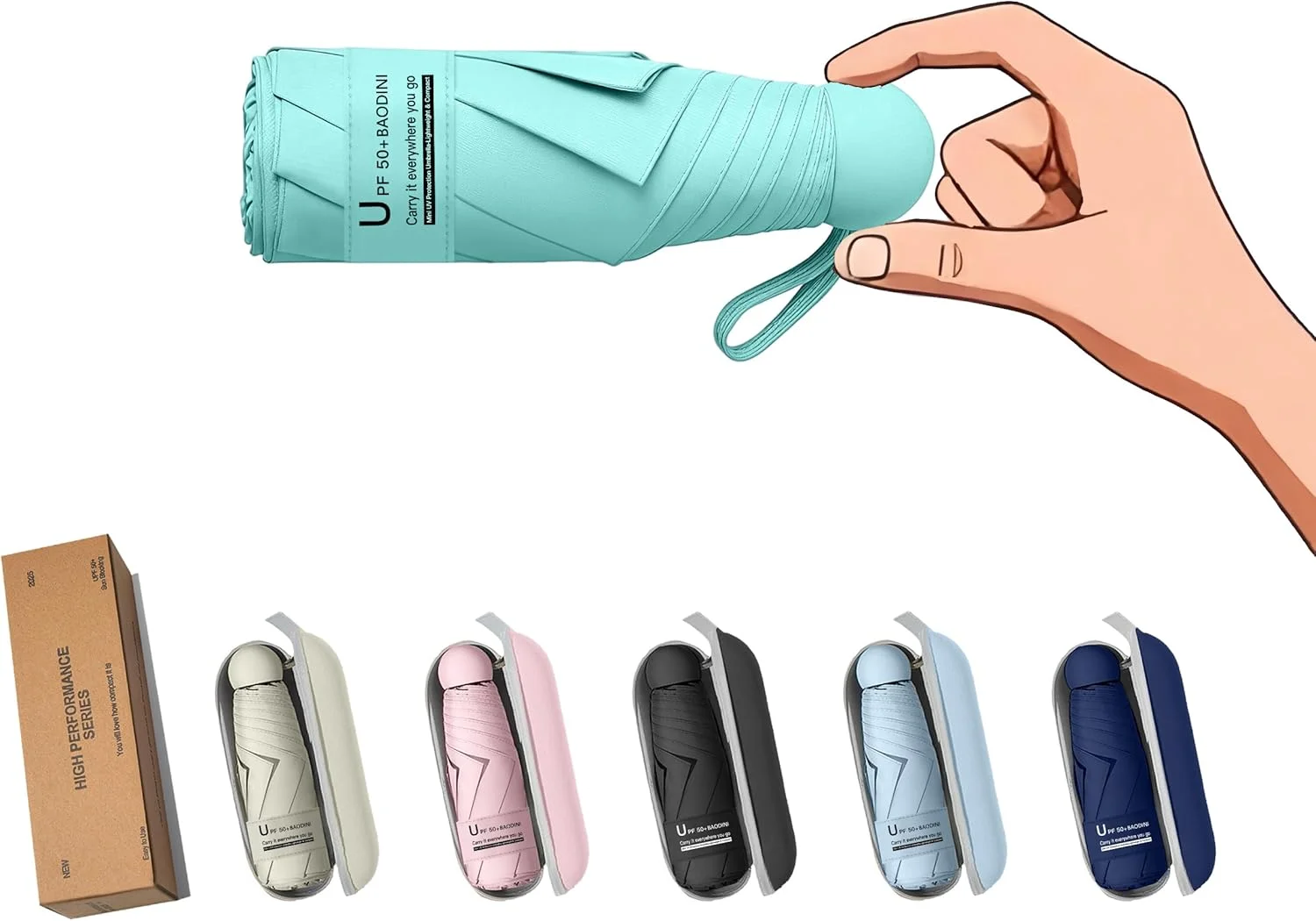 چتر مسافرتی کوچک BAODINI با محفظه، محافظت در برابر آفتاب و اشعه ماوراء بنفش، سبک و جمع و جور، مناسب کیف، کوله پشتی، باز و بسته شدن دستی، برای زنان، کودکان و مردان