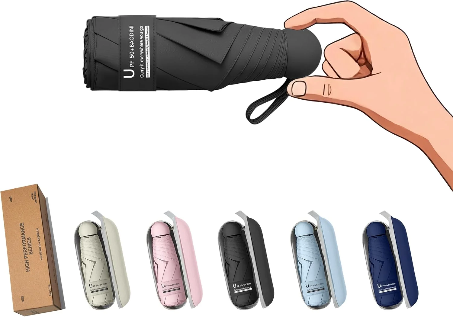 چتر مسافرتی کوچک BAODINI با محفظه، محافظت در برابر آفتاب و اشعه ماوراء بنفش، سبک و جمع و جور، مناسب کیف دستی، کوله پشتی، برای زنان، کودکان و مردان